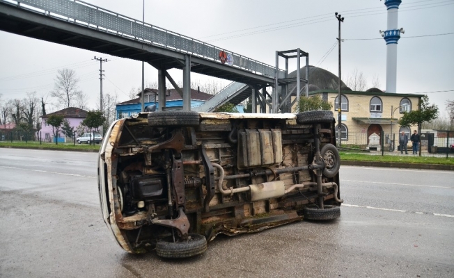 İneğe çarpmamak için manevra yapan minibüs devrildi