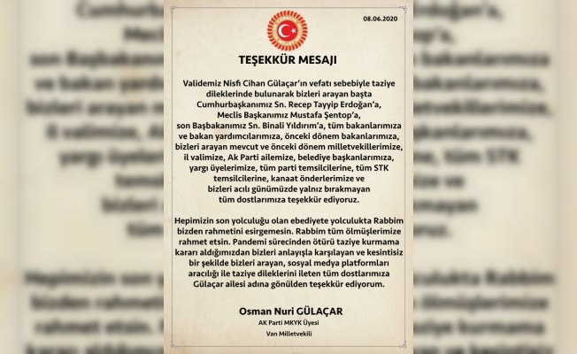 AK Parti’li Gülaçar’dan teşekkür mesajı