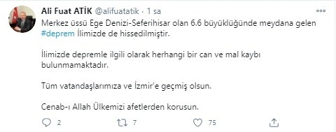 İzmir depreminden sonra Vali Atik’ten açıklama