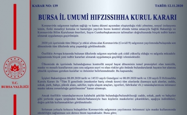 Bursa Valiliği’nden İl Hıfzıssıhha Kurulu kararı açıklaması