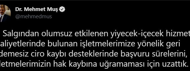 Yiyecek-içecek sektöründe ciro kaybı desteği başvuru süresi uzatıldı