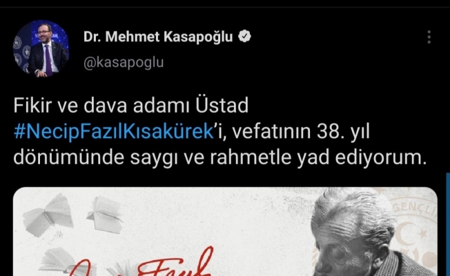 Bakan Kasapoğlu, merhum şair Necip Fazıl Kısakürek’i andı