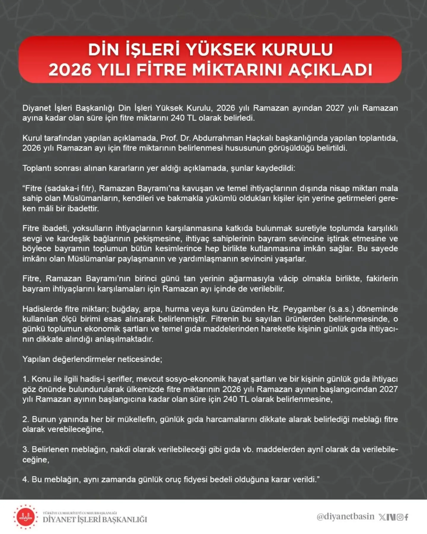 Fitre Miktarı Açıklandı